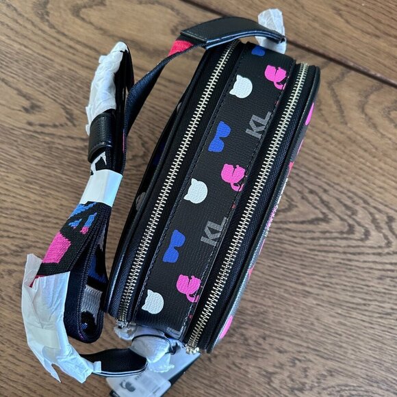 NWT! Karl Lagerfeld Maybelle Paris Double Zip Camera Bag Multi Color Monogram - Picture 6 of 9